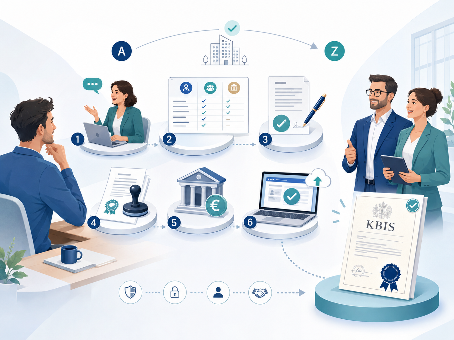 Parcours de création de société, du premier rendez-vous au Kbis